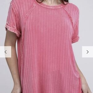 Zenana Ribbed Raglan Dolman Sleeve Boatneck Top Pink Size 1X/2X